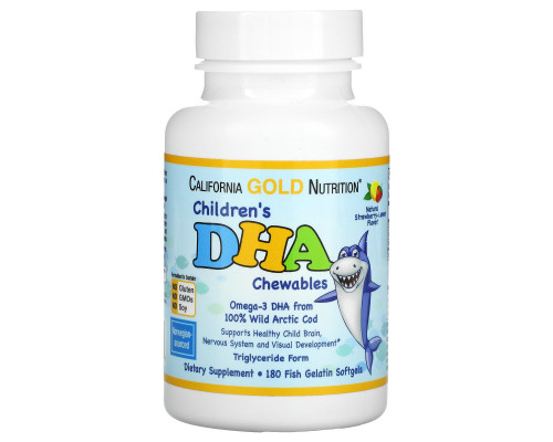 California Gold Nutrition, Детские жевательные конфеты с ДГА, 100% дикий арктическая треска, со вкусом клубники и лимона, 180 мягких желатиновых капсул California Gold Nutrition, Детские жевательные конфеты с ДГА, 100% дикий арктическая треска, со вкусом клубники и лимона, 180 мягких желатиновых капсул