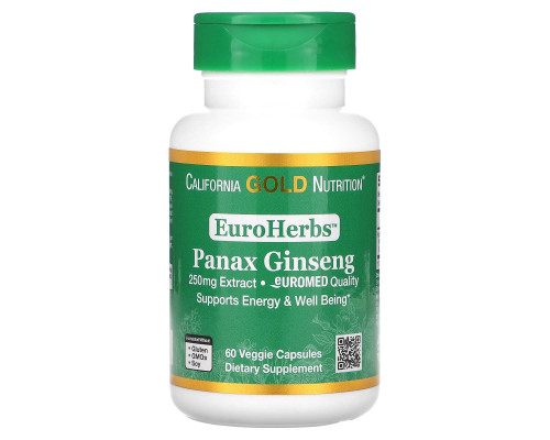 California Gold Nutrition, EuroHerbs, экстракт женьшеня азиатского, 250 мг, 60 растительных капсул California Gold Nutrition, EuroHerbs, экстракт женьшеня азиатского, 250 мг, 60 растительных капсул