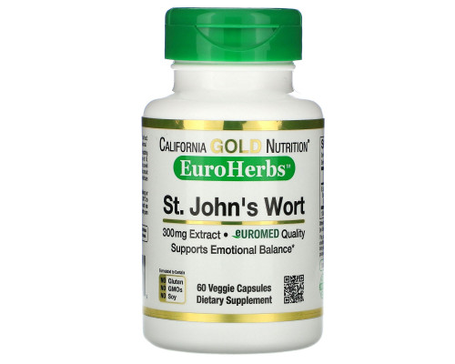 California Gold Nutrition, Экстракт зверобоя, EuroHerbs, европейское качество, 300 мг, 60 вегетарианских капсул California Gold Nutrition, Экстракт зверобоя, EuroHerbs, европейское качество, 300 мг, 60 вегетарианских капсул