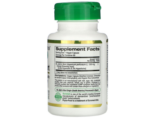 California Gold Nutrition, Экстракт зверобоя, EuroHerbs, европейское качество, 300 мг, 60 вегетарианских капсул California Gold Nutrition, Экстракт зверобоя, EuroHerbs, европейское качество, 300 мг, 60 вегетарианских капсул