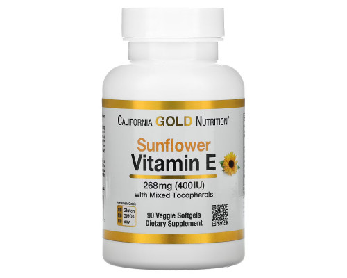 California Gold Nutrition, Витамин E из подсолнечника, Без ГМО, со смешанными токоферолами, 400 МЕ, 90 вегетарианских мягких таблеток