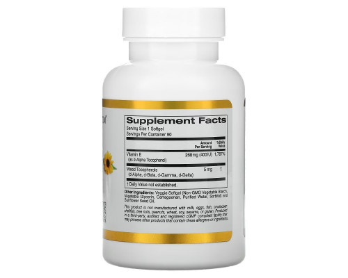 California Gold Nutrition, Витамин E из подсолнечника, Без ГМО, со смешанными токоферолами, 400 МЕ, 90 вегетарианских мягких таблеток