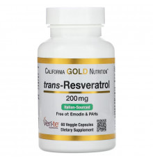 California Gold Nutrition, Транс-ресвератрол, 98% чистый, 200 мг, 60 вегетарианских капсул
