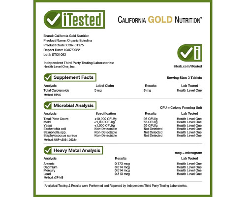 California Gold Nutrition, Органическая спирулина, сертифицирована Министерством сельского хозяйства США, 500 мг, 60 таблеток California Gold Nutrition, Органическая спирулина, сертифицирована Министерством сельского хозяйства США, 500 мг, 60 таблеток