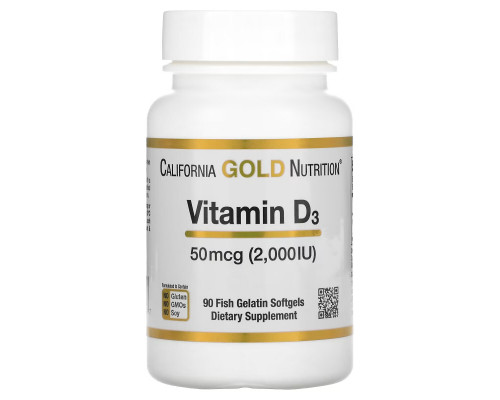 California Gold Nutrition, Витамин D-3, 50 мкг (2000 МЕ), 90 желатиновых мягких таблеток California Gold Nutrition, Витамин D-3, 50 мкг (2000 МЕ), 90 желатиновых мягких таблеток