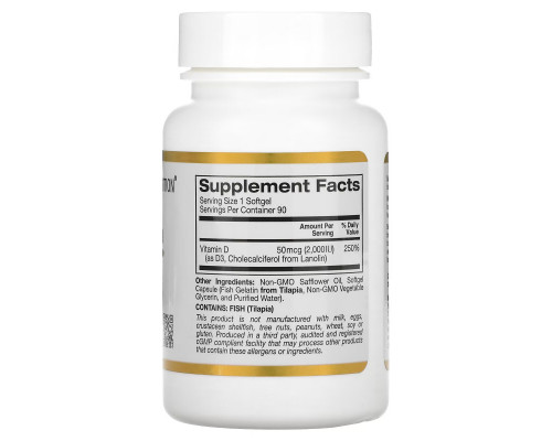 California Gold Nutrition, Витамин D-3, 50 мкг (2000 МЕ), 90 желатиновых мягких таблеток California Gold Nutrition, Витамин D-3, 50 мкг (2000 МЕ), 90 желатиновых мягких таблеток