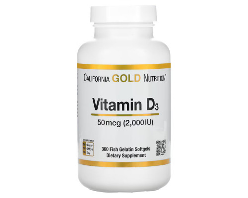 California Gold Nutrition, Витамин D-3, 50 мкг (2000 МЕ), 360 мягких капсул с оболочкой из рыбьего желатина California Gold Nutrition, Витамин D-3, 50 мкг (2000 МЕ), 360 мягких капсул с оболочкой из рыбьего желатина