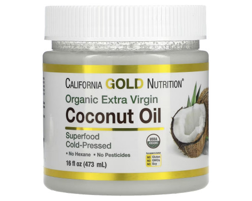 California Gold Nutrition, Органическое нерафинированное кокосовое масло, суперпродукт, холодного отжима, нерафинированное, 16 ж. унц. (473 мл) California Gold Nutrition, Органическое нерафинированное кокосовое масло, суперпродукт, холодного отжима, нерафинированное, 16 ж. унц. (473 мл)