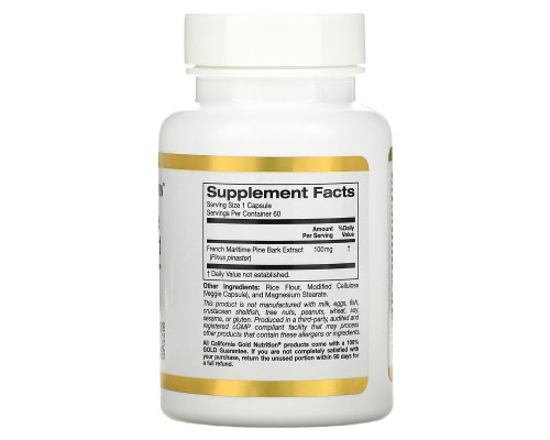 California Gold Nutrition, Французский экстракт коры приморской сосны, олигопин, антиоксидант полифенол, 100 мг, 60 вегетарианских капсул California Gold Nutrition, Французский экстракт коры приморской сосны, олигопин, антиоксидант полифенол, 100 мг, 60 вегетарианских капсул