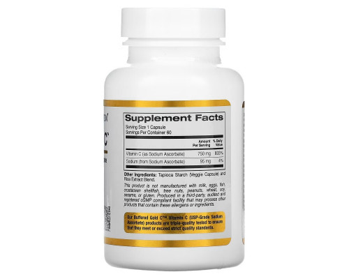 California Gold Nutrition, Buffered Gold C, Non-Acidic Vitamin C, Sodium Ascorbate, 750 mg, 60 Растительная капсула California Gold Nutrition, Buffered Gold C, Non-Acidic Vitamin C, Sodium Ascorbate, 750 mg, 60 Растительная капсула