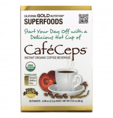 California Gold Nutrition, CafeCeps, сертифицированный органический растворимый кофе с кордицепсом и порошком грибов рейши, 30 пакетов, по 2,2 г каждый