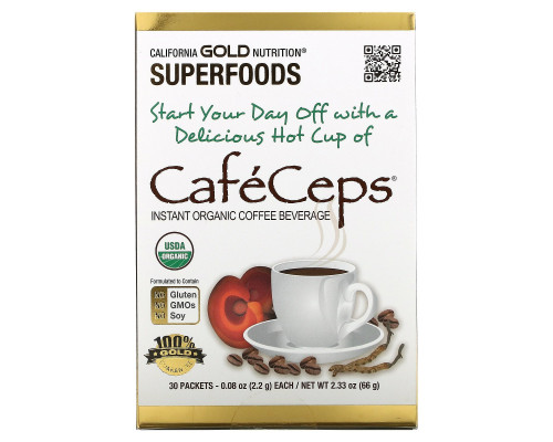 California Gold Nutrition, CafeCeps, сертифицированный органический растворимый кофе с кордицепсом и порошком грибов рейши, 30 пакетов, по 2,2 г каждый California Gold Nutrition, CafeCeps, сертифицированный органический растворимый кофе с кордицепсом и порошком грибов рейши, 30 пакетов, по 2,2 г каждый