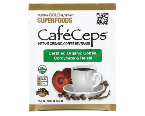 California Gold Nutrition, CafeCeps, сертифицированный органический растворимый кофе с кордицепсом и порошком грибов рейши, 30 пакетов, по 2,2 г каждый California Gold Nutrition, CafeCeps, сертифицированный органический растворимый кофе с кордицепсом и порошком грибов рейши, 30 пакетов, по 2,2 г каждый