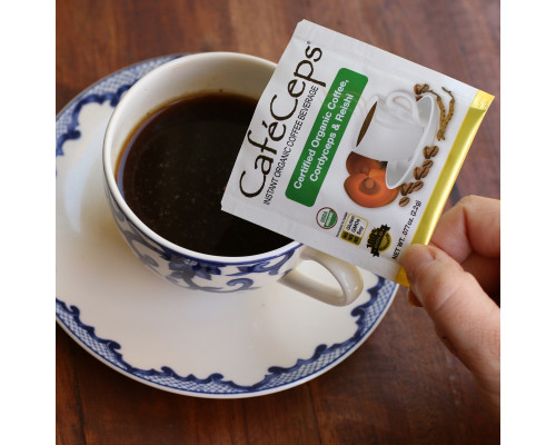 California Gold Nutrition, CafeCeps, сертифицированный органический растворимый кофе с кордицепсом и порошком грибов рейши, 30 пакетов, по 2,2 г каждый California Gold Nutrition, CafeCeps, сертифицированный органический растворимый кофе с кордицепсом и порошком грибов рейши, 30 пакетов, по 2,2 г каждый