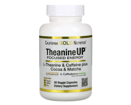 California Gold Nutrition, TheanineUP, концентрация и энергия, L-теанин и кофеин, 60 вегетарианских капсул California Gold Nutrition, TheanineUP, концентрация и энергия, L-теанин и кофеин, 60 вегетарианских капсул