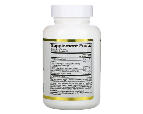 California Gold Nutrition, TheanineUP, концентрация и энергия, L-теанин и кофеин, 60 вегетарианских капсул California Gold Nutrition, TheanineUP, концентрация и энергия, L-теанин и кофеин, 60 вегетарианских капсул