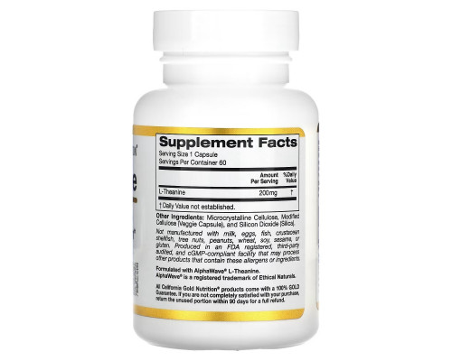 California Gold Nutrition, L- теанин, AlphaWave, способствует расслаблению, успокоению и концентрации, 200 мг, 60 вегетарианских капсул California Gold Nutrition, L- теанин, AlphaWave, способствует расслаблению, успокоению и концентрации, 200 мг, 60 вегетарианских капсул