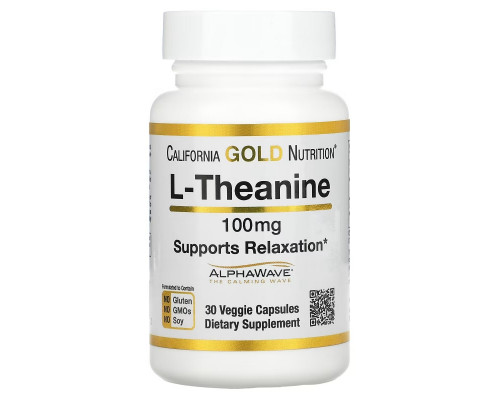 California Gold Nutrition, L-теанин, AlphaWave, способствует расслаблению, успокоению и концентрации, 100 мг, 30 вегетарианских капсул