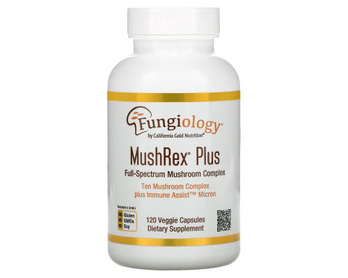 California Gold Nutrition, Микология, MushRex Plus, грибной комплекс полного спектра, сертифицированный органический, Immune Assist™ Микрон, 120 вегетарианских капсул California Gold Nutrition, Микология, MushRex Plus, грибной комплекс полного спектра, сертифицированный органический, Immune Assist™ Микрон, 120 вегетарианских капсул