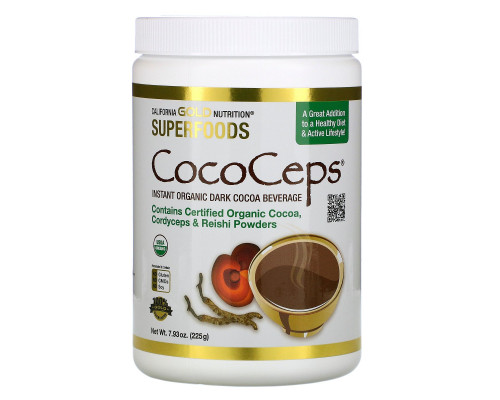 California Gold Nutrition, CocoCeps, растворимый органический темный какао напиток, 225 г California Gold Nutrition, CocoCeps, растворимый органический темный какао напиток, 225 г