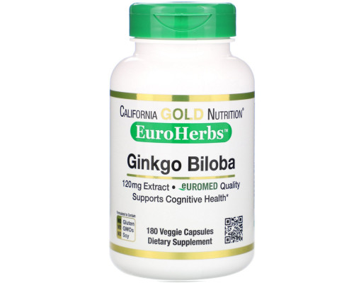 California Gold Nutrition, Экстракт листьев гинко билоба, EuroHerbs, европейское качество, 120 мг, 180 вегетарианских капсул California Gold Nutrition, Экстракт листьев гинко билоба, EuroHerbs, европейское качество, 120 мг, 180 вегетарианских капсул