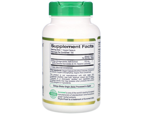 California Gold Nutrition, Экстракт листьев гинко билоба, EuroHerbs, европейское качество, 120 мг, 180 вегетарианских капсул California Gold Nutrition, Экстракт листьев гинко билоба, EuroHerbs, европейское качество, 120 мг, 180 вегетарианских капсул