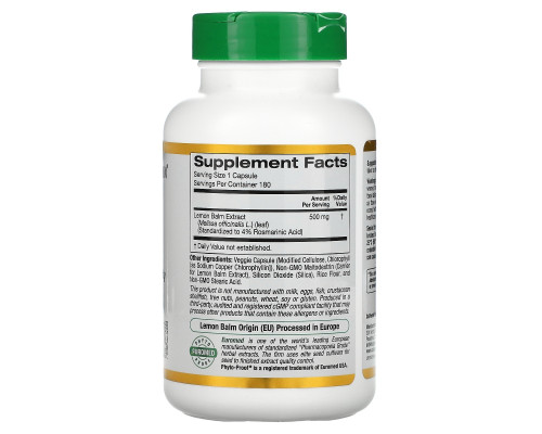 California Gold Nutrition, EuroHerbs, Lemon Balm, 500 mg, 180 Veggie Capsules