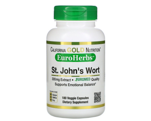 California Gold Nutrition, Экстракт зверобоя, EuroHerbs, европейское качество, 300 мг, 180 вегетарианских капсул California Gold Nutrition, Экстракт зверобоя, EuroHerbs, европейское качество, 300 мг, 180 вегетарианских капсул