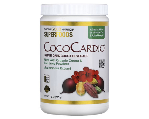 California Gold Nutrition, CocoCardio, Certified Organic Instant Dark Cocoa Beverage with Beet Juice & Hibiscus, 7.93 oz (225 g) California Gold Nutrition, CocoCardio, Certified Organic Instant Dark Cocoa Beverage with Beet Juice & Hibiscus, 7.93 oz (225 g)