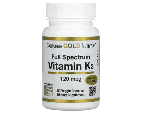 California Gold Nutrition, Витамин K2 (в форме MK-4, MK-6, MK-7, MK-9), 120 мкг, 60 вегетарианских капсул California Gold Nutrition, Витамин K2 (в форме MK-4, MK-6, MK-7, MK-9), 120 мкг, 60 вегетарианских капсул