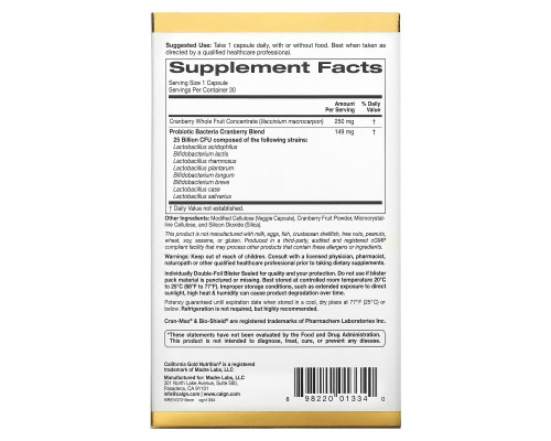 California Gold Nutrition, LactoBif Probiotics, Cran-Max, 25 Billion CFU, 30 Veggie Capsules California Gold Nutrition, LactoBif Probiotics, Cran-Max, 25 Billion CFU, 30 Veggie Capsules