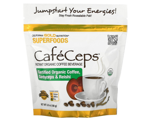 California Gold Nutrition, CafeCeps, Certified Organic Instant Coffee with Cordyceps and Reishi Mushroom Powder, 3.52 oz (100 g) California Gold Nutrition, CafeCeps, Certified Organic Instant Coffee with Cordyceps and Reishi Mushroom Powder, 3.52 oz (100 g)