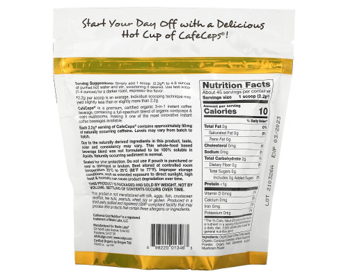 California Gold Nutrition, CafeCeps, Certified Organic Instant Coffee with Cordyceps and Reishi Mushroom Powder, 3.52 oz (100 g) California Gold Nutrition, CafeCeps, Certified Organic Instant Coffee with Cordyceps and Reishi Mushroom Powder, 3.52 oz (100 g)