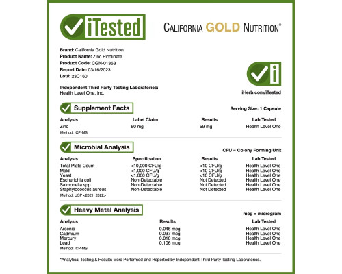 California Gold Nutrition, Zinc Picolinate, 50 mg, 120 Veggie Capsules California Gold Nutrition, Zinc Picolinate, 50 mg, 120 Veggie Capsules
