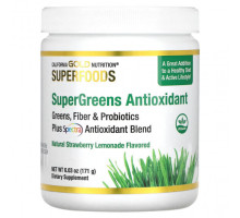 Зелень и зеленые овощи California Gold Nutrition, SUPERFOODS, комплекс антиоксидантов из суперзелени, зелень, клетчатка и пробиотики, со вкусом клубничного лимонада, 171 г (6,03 унции)