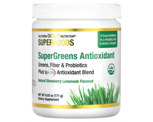 Зелень и зеленые овощи California Gold Nutrition, SUPERFOODS, комплекс антиоксидантов из суперзелени, зелень, клетчатка и пробиотики, со вкусом клубничного лимонада, 171 г (6,03 унции) Зелень и зеленые овощи California Gold Nutrition, SUPERFOODS, комплекс антиоксидантов из суперзелени, зелень, клетчатка и пробиотики, со вкусом клубничного лимонада, 171 г (6,03 унции)