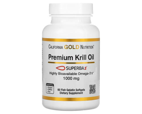 California Gold Nutrition, Масло криля премиум-класса с Superba2, 1000 мг, 60 мягких таблеток California Gold Nutrition, Масло криля премиум-класса с Superba2, 1000 мг, 60 мягких таблеток