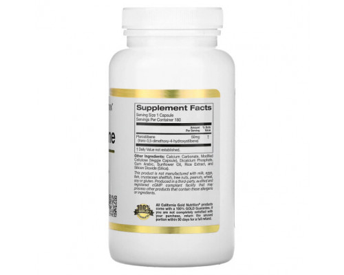 Антиоксиданты California Gold Nutrition, птеростильбен, 50 мг, 180 растительных капсул Антиоксиданты California Gold Nutrition, птеростильбен, 50 мг, 180 растительных капсул
