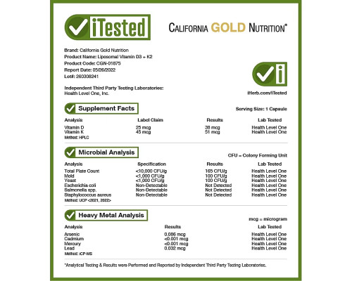 California Gold Nutrition, Liposomal Vitamin K2+ D3, 60 Veggie Capsules California Gold Nutrition, Liposomal Vitamin K2+ D3, 60 Veggie Capsules
