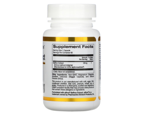 California Gold Nutrition, экстракт шафрана, с экстрактом Affron, 28 мг, 60 растительных капсул California Gold Nutrition, экстракт шафрана, с экстрактом Affron, 28 мг, 60 растительных капсул