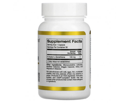 Антиоксиданты California Gold Nutrition, S-ацетил-L-глутатион, 100 мг, 30 растительных капсул Антиоксиданты California Gold Nutrition, S-ацетил-L-глутатион, 100 мг, 30 растительных капсул