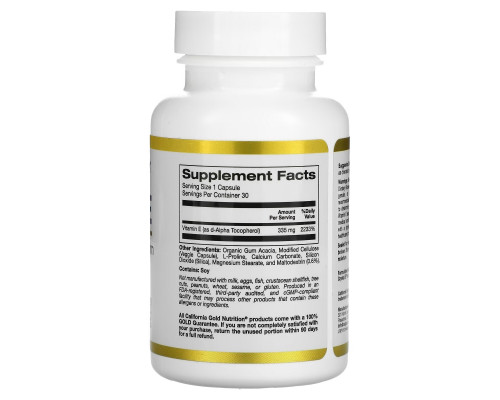 California Gold Nutrition, биоактивный витамин Е, 335 мг, 30 растительных капсул California Gold Nutrition, биоактивный витамин Е, 335 мг, 30 растительных капсул