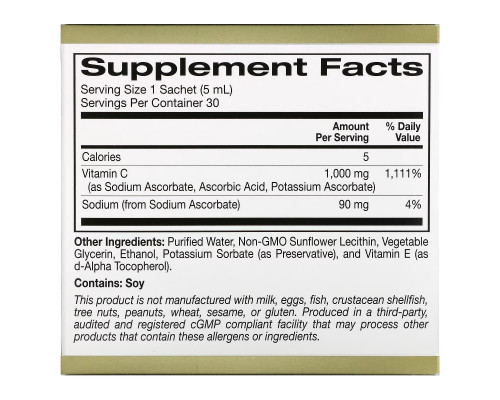 California Gold Nutrition, Liposomal Liquid Vitamin C, Unflavored, 1000 mg, 30 Sachets, 0.17 fl oz (5 ml) Each California Gold Nutrition, Liposomal Liquid Vitamin C, Unflavored, 1000 mg, 30 Sachets, 0.17 fl oz (5 ml) Each