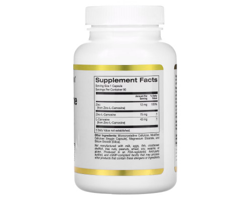 California Gold Nutrition, комплекс с цинк-L-карнозином, 90 вегетарианских капсул California Gold Nutrition, комплекс с цинк-L-карнозином, 90 вегетарианских капсул