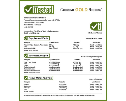 California Gold Nutrition, Andrographis Immune with AP-BIO, 100 mg, 30 Tablets California Gold Nutrition, Andrographis Immune with AP-BIO, 100 mg, 30 Tablets