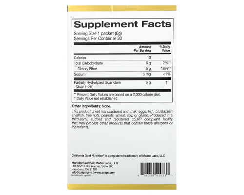 California Gold Nutrition, Prebiotic Fiber, 30 Packets, 0.21 oz (6 g) Each California Gold Nutrition, Prebiotic Fiber, 30 Packets, 0.21 oz (6 g) Each