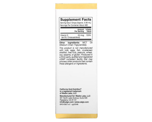 California Gold Nutrition, витамин D, 25 мкг (1000 МЕ), 30 мл (1 жидк. унция) California Gold Nutrition, витамин D, 25 мкг (1000 МЕ), 30 мл (1 жидк. унция)