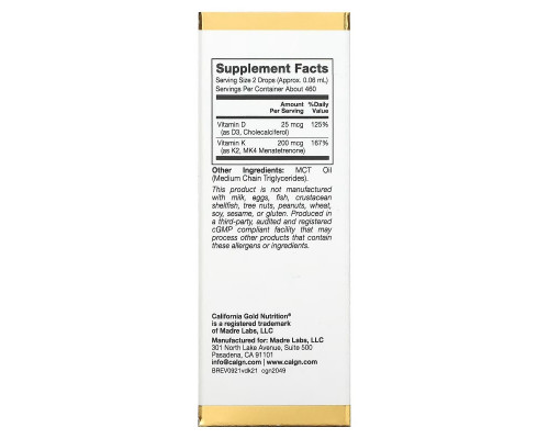 California Gold Nutrition, Vitamin D3 + K2, 25 mcg (1,000 IU), 1 fl oz (30 ml) California Gold Nutrition, Vitamin D3 + K2, 25 mcg (1,000 IU), 1 fl oz (30 ml)