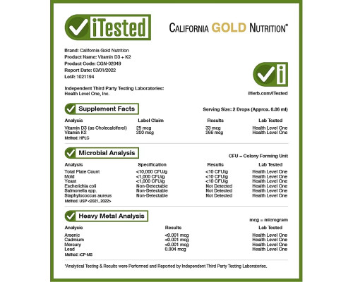 California Gold Nutrition, Vitamin D3 + K2, 25 mcg (1,000 IU), 1 fl oz (30 ml) California Gold Nutrition, Vitamin D3 + K2, 25 mcg (1,000 IU), 1 fl oz (30 ml)