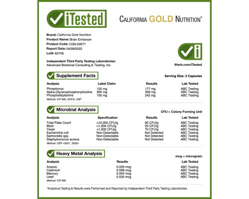 California Gold Nutrition, Brain Health, 60 Veggie Capsules California Gold Nutrition, Brain Health, 60 Veggie Capsules